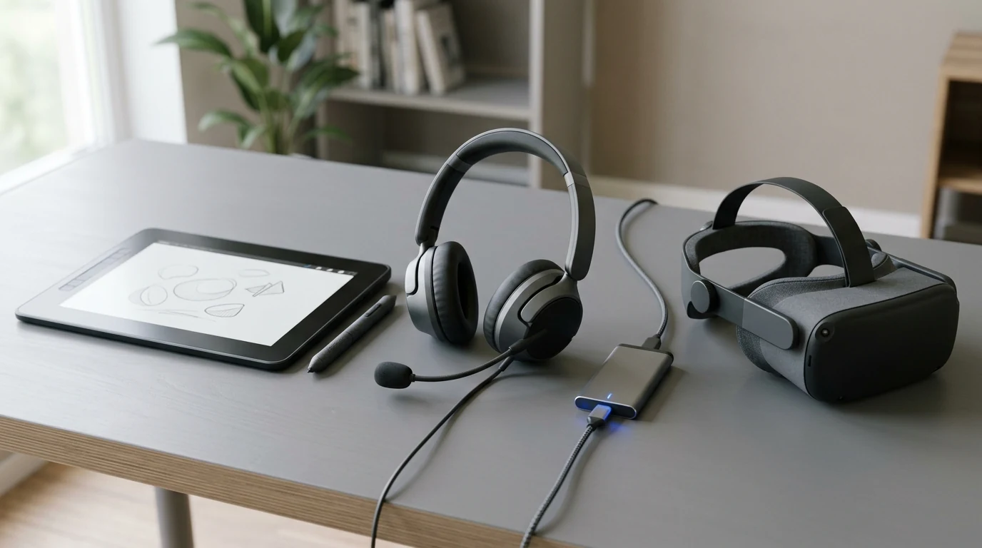 Coleção de periféricos híbridos de entrada e saída: tablet touchscreen com caneta digital, headset com microfone, SSD externo USB e óculos VR