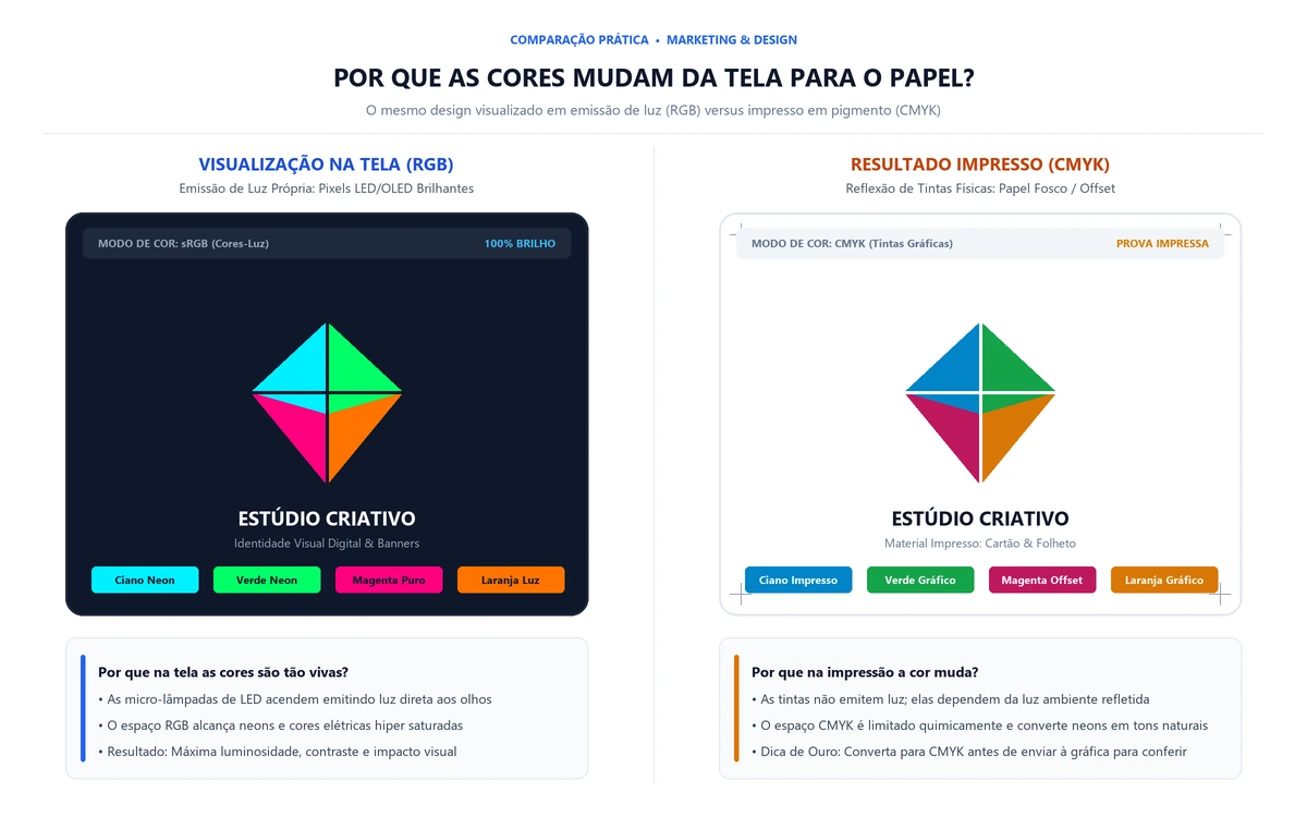 Infográfico explicativo sobre a diferença técnica entre telas RGB e impressões em CMYK