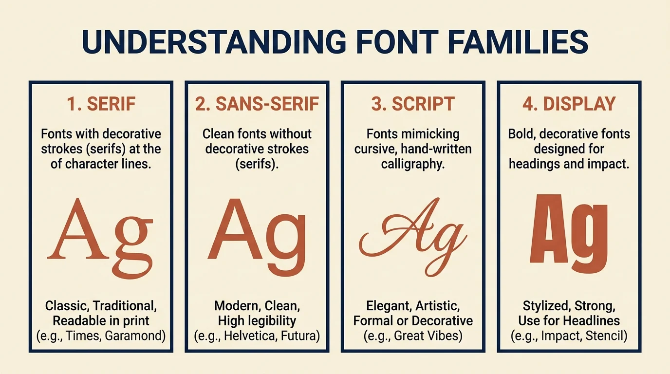 Infográfico das quatro grandes famílias tipográficas: Serif, Sans-Serif, Script e Display