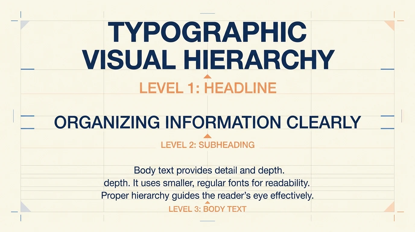 Diagrama de hierarquia visual: Nível 1 Título Principal, Nível 2 Subtítulo, Nível 3 Texto de Leitura
